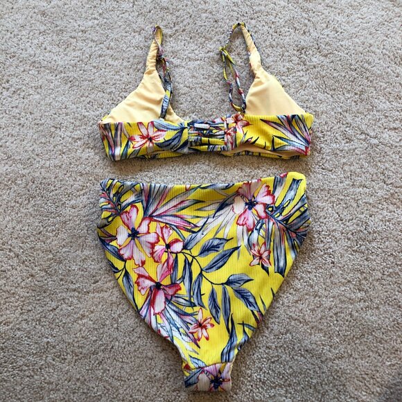 Women's Yellow Blue Floral Adjustabel Padded Top High Waisted Cheeky Bikini - Picture 11 of 14